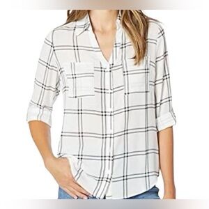 NWT Iz Byer Black and White Plaid Button Down Shirt Roll-tab Sleeves Sz:XL Sheer